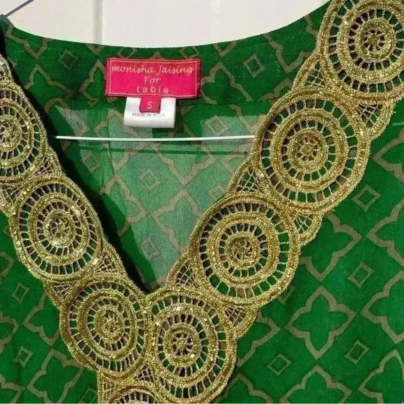 MONISHA JAISING FOR TABLA - GREEN TILE PATERN LONG TUNIC Gold TRIM Size S NWOT - Picture 4 of 9